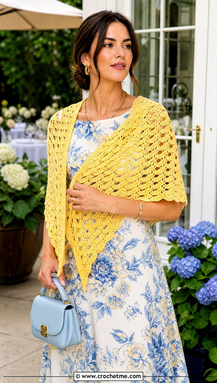 Shell Mesh Triangle Shawl With Floral Midi Dress - 30 Crochet Mesh Triangle Shawl outfit ideas