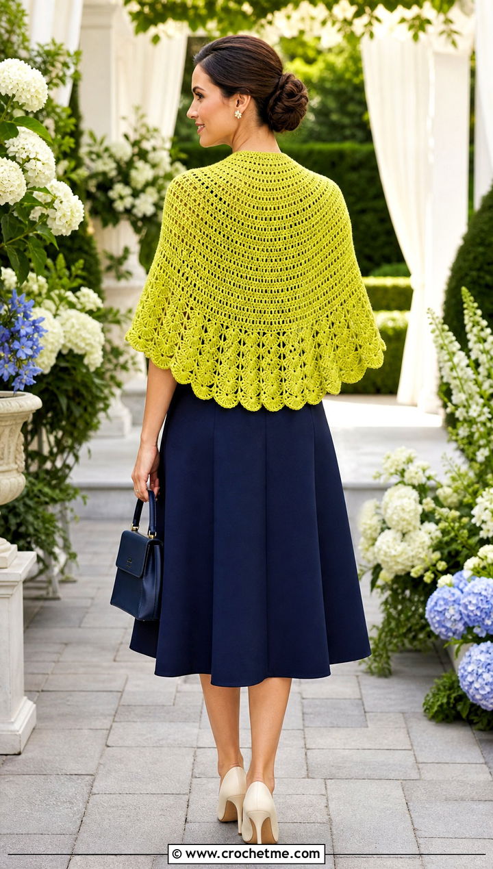 Shell Shape Tunisian Shawl With Fit And Flare Dress - 35 tunisian crochet shawl outfit ideas