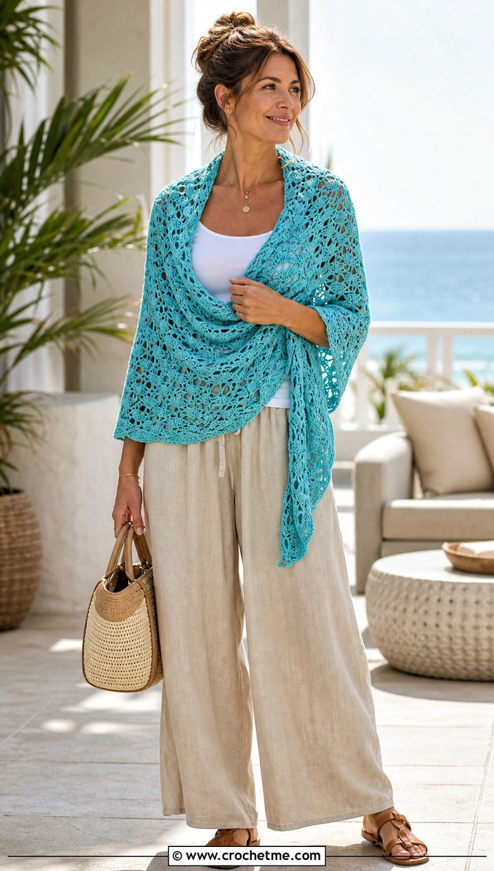 Shell Shawl Scarf With Tank Top And Wide Leg Pants - 25 crochet shell scarf outfit ideas