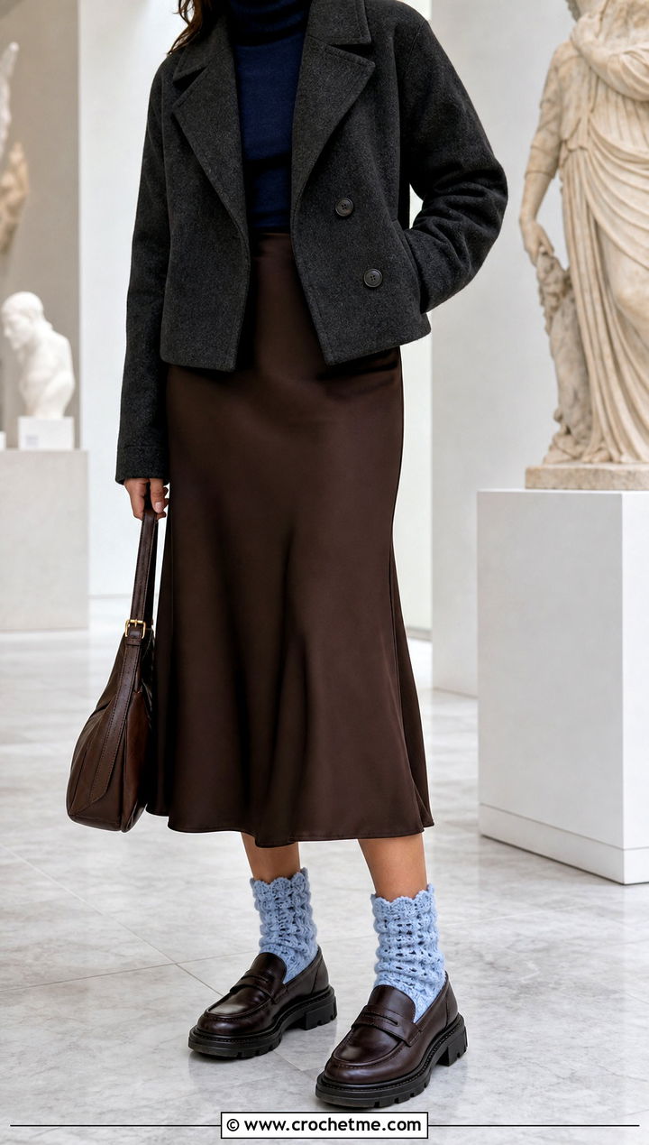 Shell Stitch Ankle Crochet Winter Socks With Satin Midi Skirt - 30 crochet winter socks outfit ideas