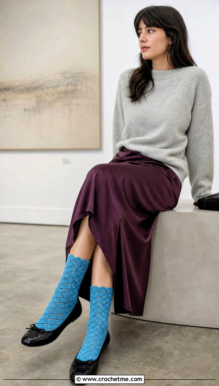 Shell Stitch Ankle Crochet Wool Socks With Slip Skirt - 30 Crochet Wool Socks outfit ideas