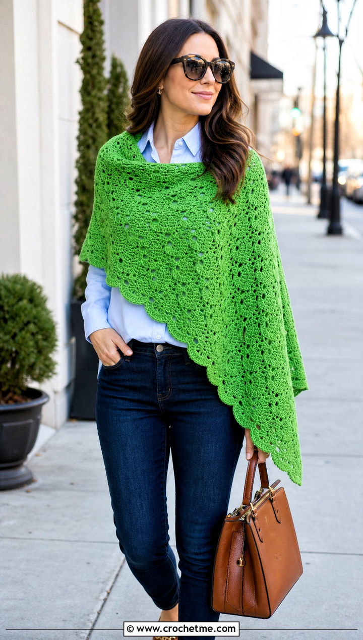 Shell Stitch Asymmetrical Crochet Shawl With Button Down Shirt And Jeans - 30 asymmetrical crochet shawl outfit ideas