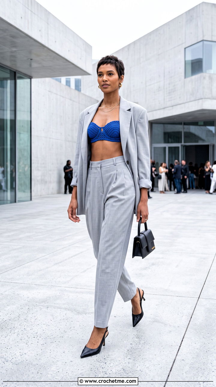 Shell Stitch Balconette Bra With Blazer Suit - 30 crochet shell bra outfit ideas