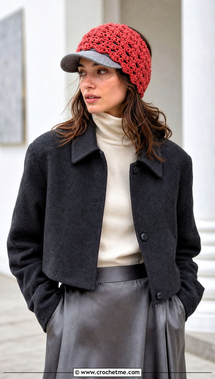 Shell Stitch Baseball Cap Ear Warmer With Midi Skirt - 20 crochet baseball cap ear warmer outfit ideas
