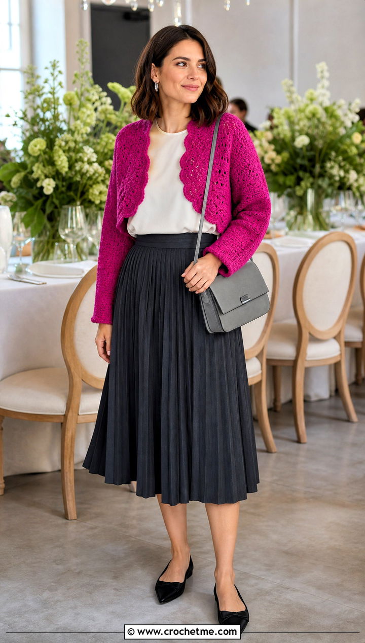 Shell Stitch Bolero With Pleated Midi Skirt - 25 crochet shrugs and boleros outfit ideas