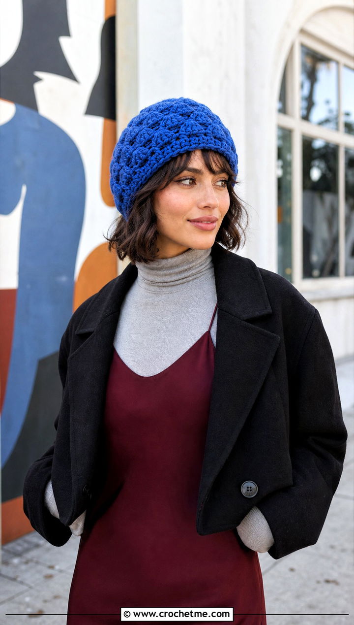 Shell Stitch Bulky Crochet Beanie With Slip Dress - 30 bulky crochet beanie outfit ideas