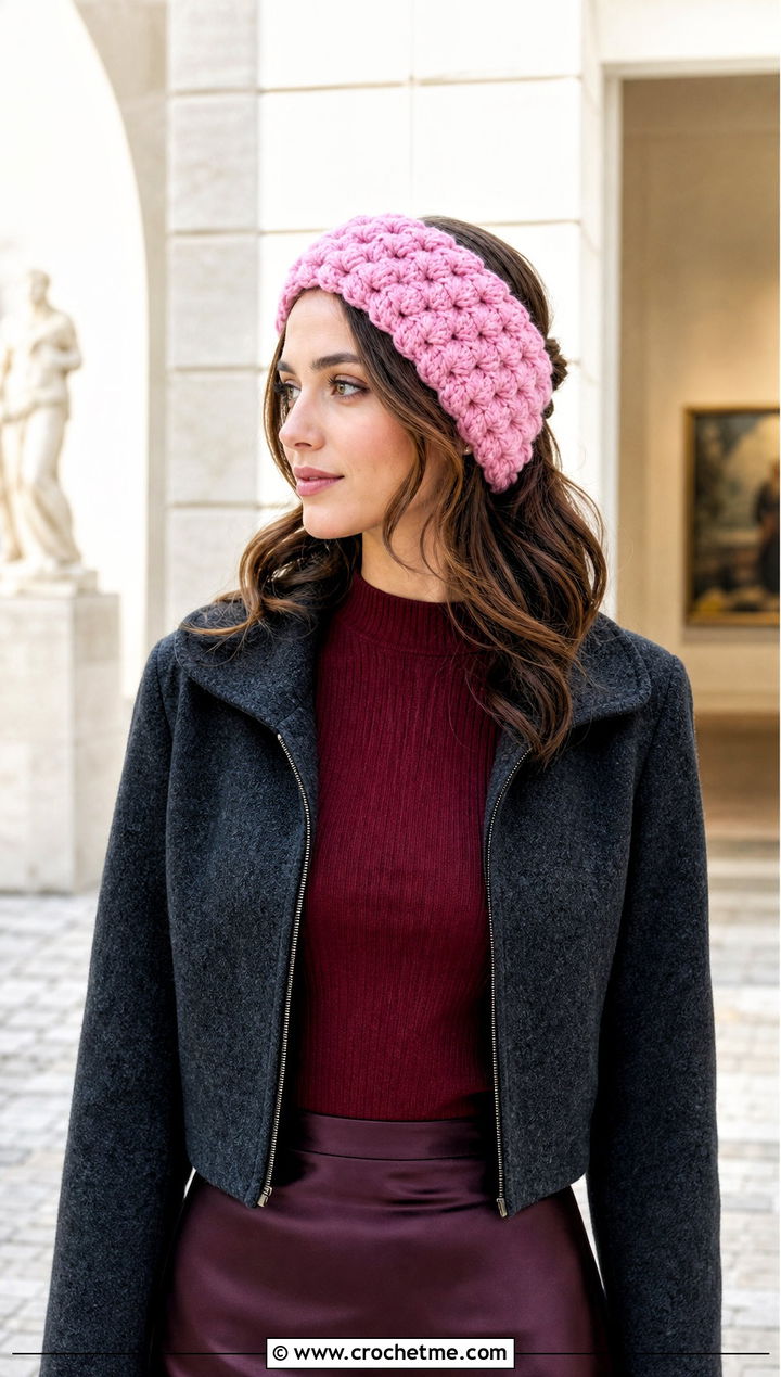 Shell Stitch Bulky Crochet Ear Warmer With Midi Skirt - 25 Bulky Crochet Ear Warmer outfit ideas