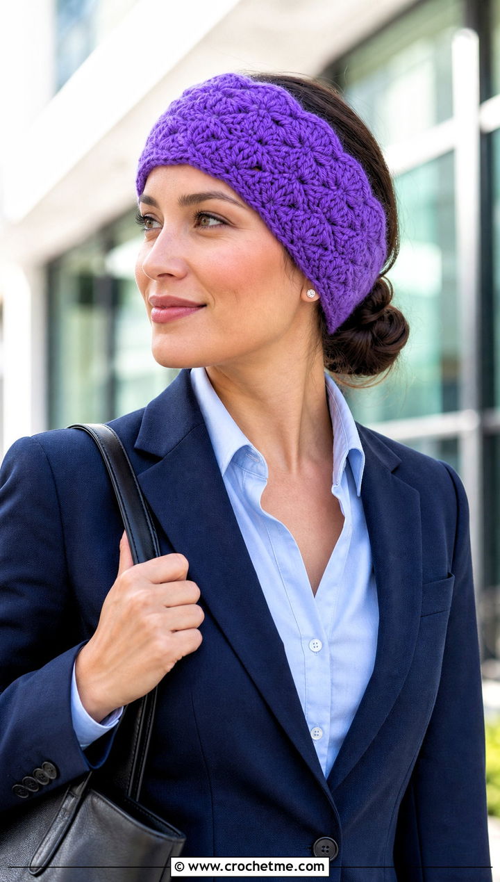 Shell Stitch Bulky Yarn Crochet Ear Warmer With Blazer - 20 Bulky Yarn Crochet Ear Warmer outfit ideas