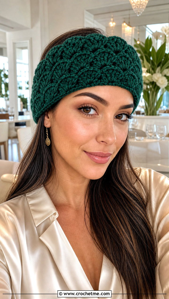 Shell Stitch Bulky Yarn Crochet Headband With Satin Blouse - 25 bulky yarn crochet headband outfit ideas