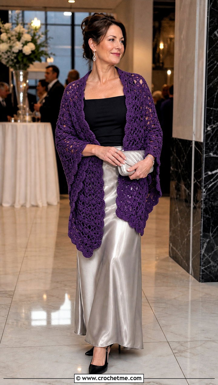 Shell Stitch Bulky Yarn Crochet Shawl With Satin Maxi Skirt - 20 Bulky Yarn Crochet Shawl outfit ideas