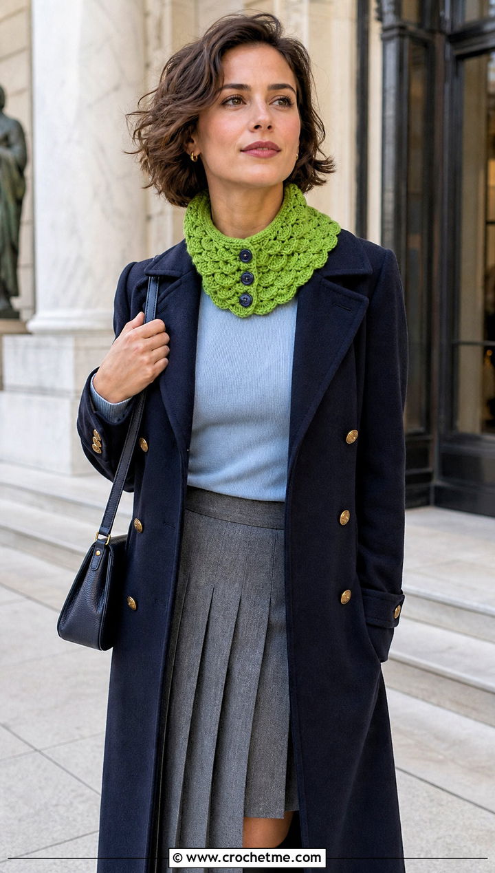Shell Stitch Button Cowl With Peacoat And Pleated Skirt - 15 Crochet Cowl With Buttons outfit ideas