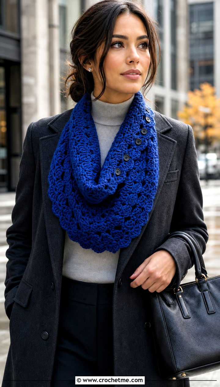Shell Stitch Button Cowl With Tailored Coat - 25 crochet button cowl outfit ideas