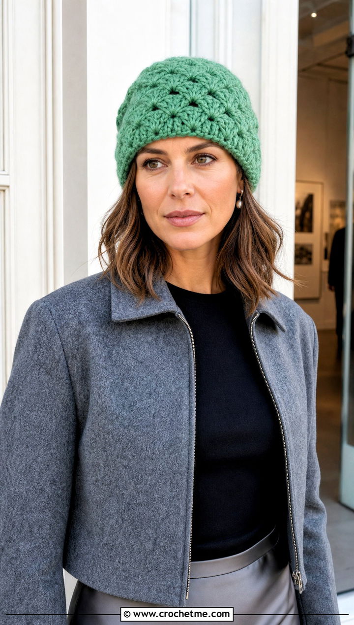 Shell Stitch Chunky Beanie With Satin Skirt - 35 crochet chunky beanie outfit ideas