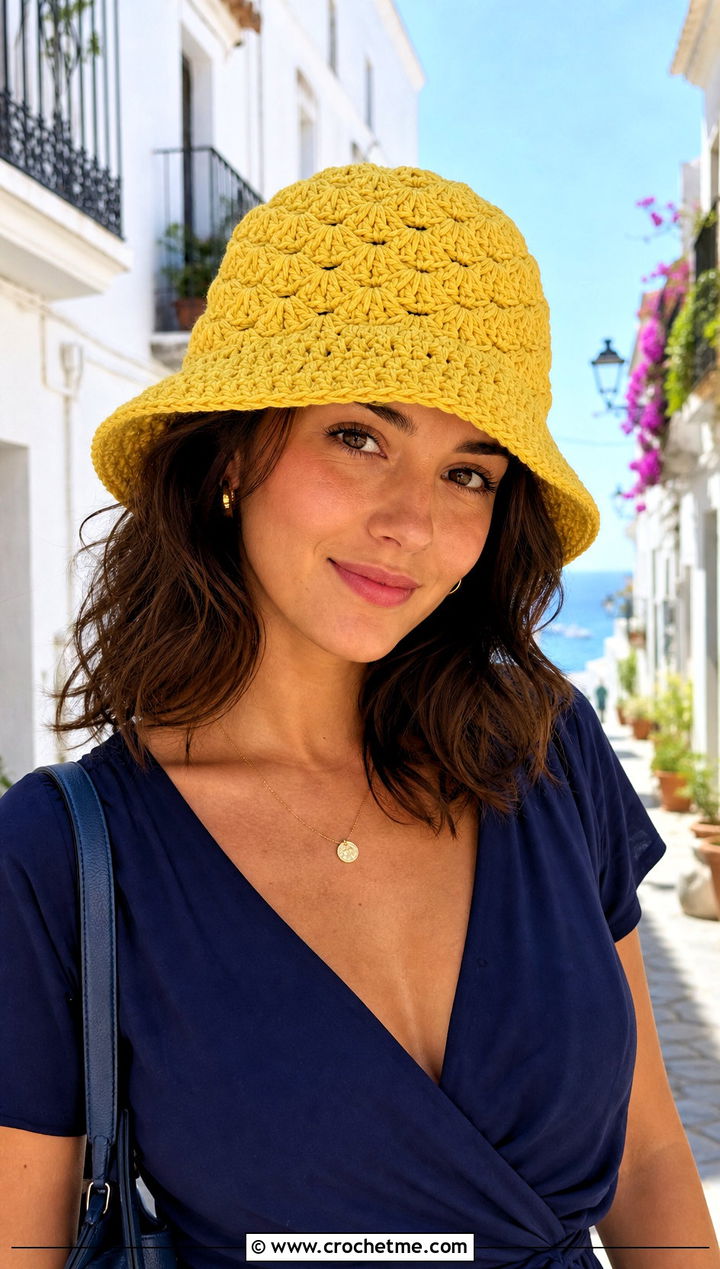Shell Stitch Chunky Bucket Hat With Wrap Dress - 30 crochet chunky bucket hat outfit ideas