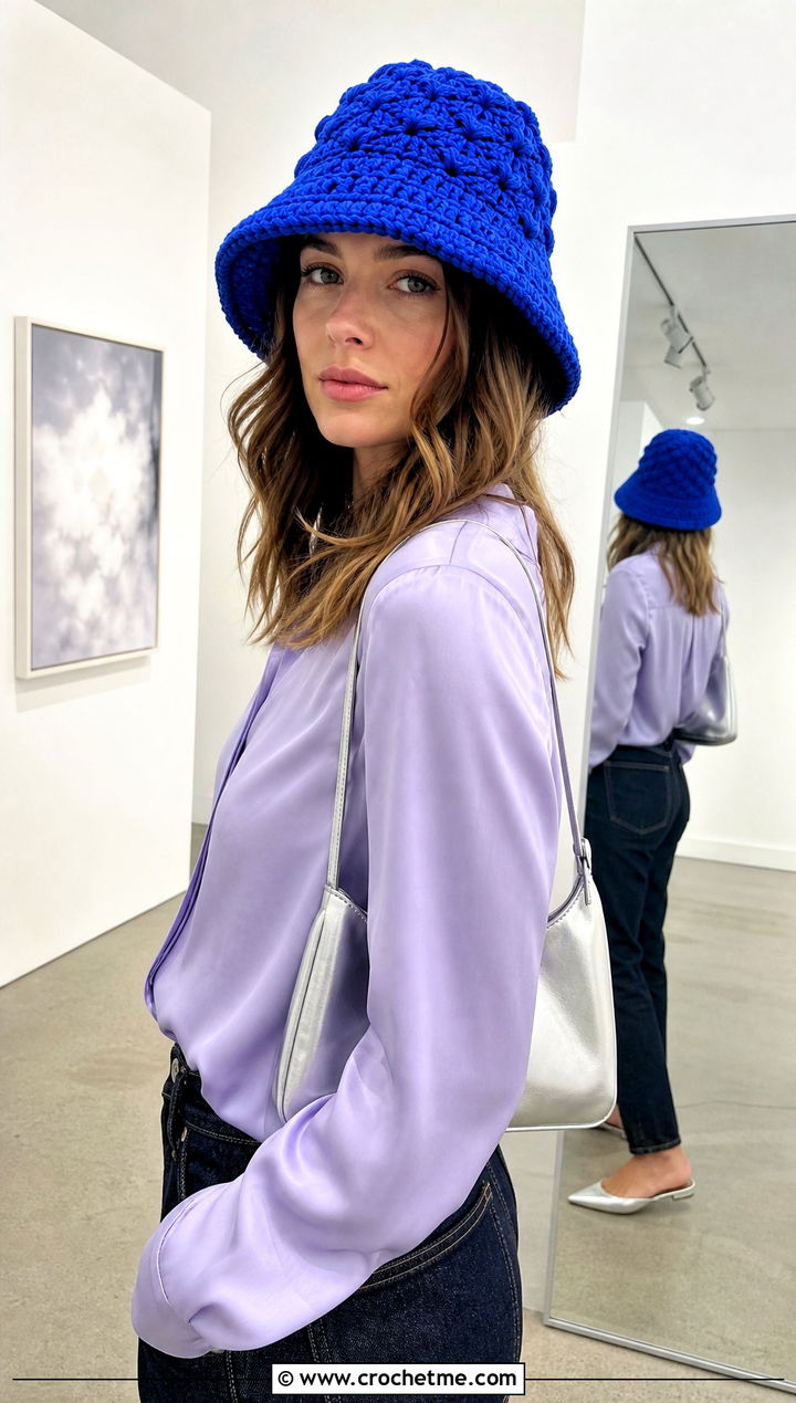 Shell Stitch Chunky Crochet Bucket Hat With Satin Blouse - 25 Chunky Crochet Bucket Hat outfit ideas