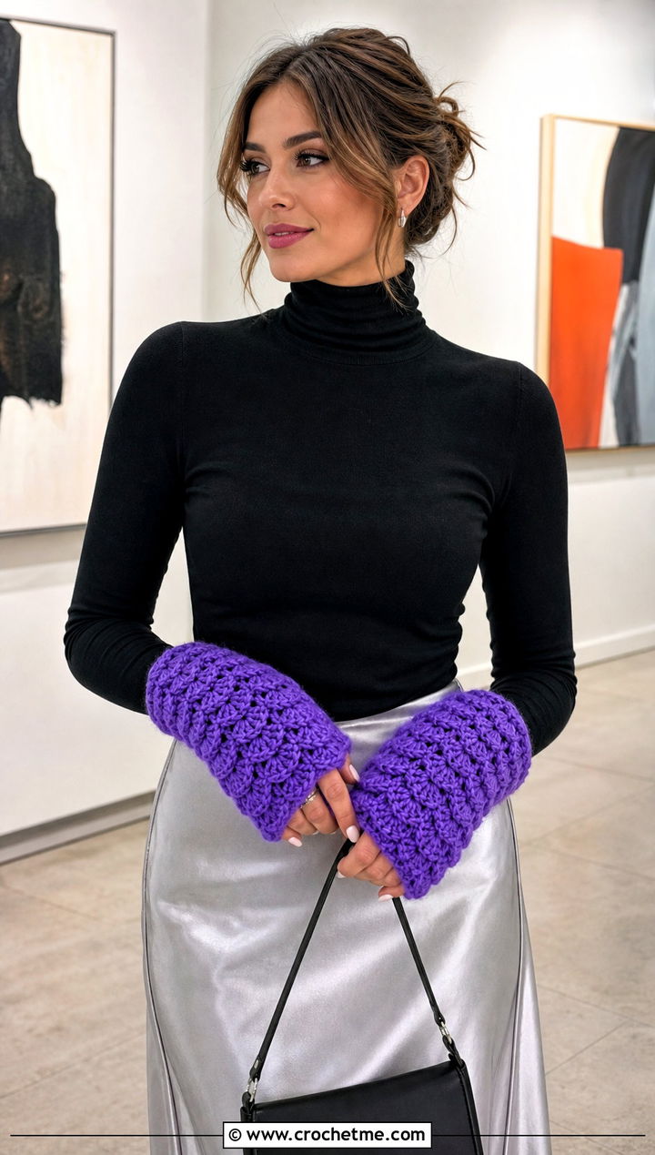 Shell Stitch Chunky Crochet Fingerless Gloves With Satin Skirt - 30 chunky yarn crochet fingerless gloves outfit ideas