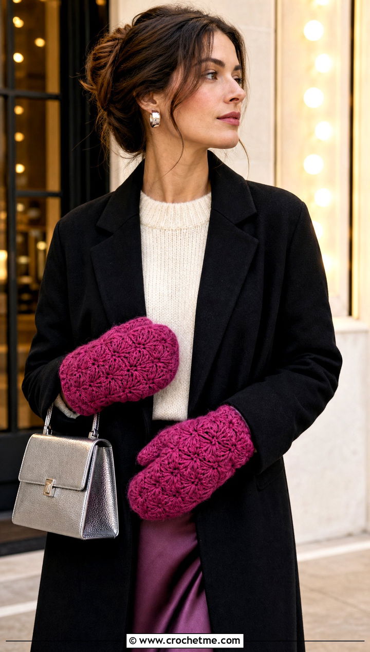 Shell Stitch Chunky Crochet Mittens With Satin Skirt - 20 Chunky Yarn Crochet Mittens outfit ideas
