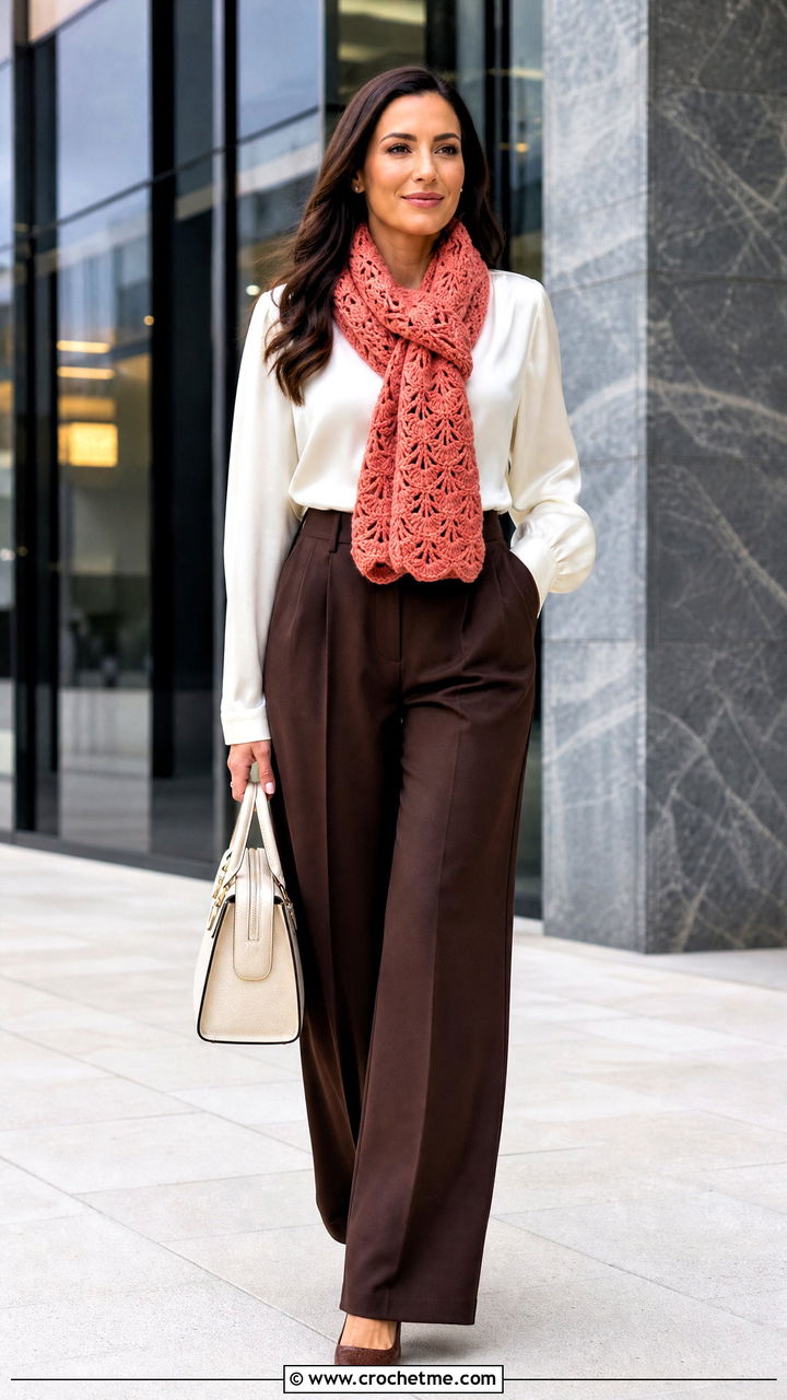 Shell Stitch Chunky Crochet Scarf With Satin Blouse - 35 chunky crochet scarf outfit ideas