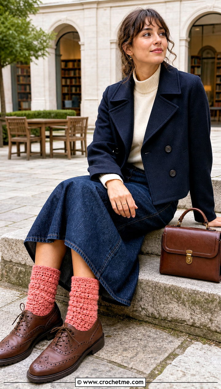 Shell Stitch Chunky Crochet Socks With Midi Skirt - 25 Chunky Crochet Socks outfit ideas