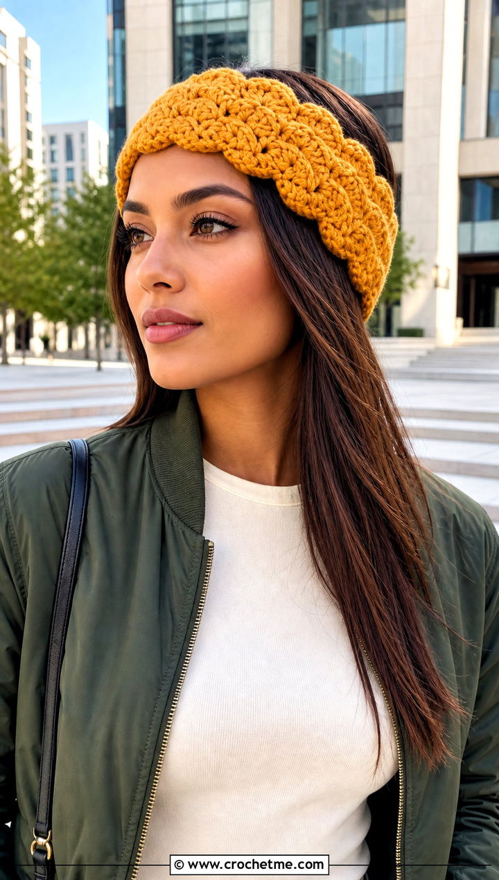 Shell Stitch Chunky Ear Warmer With Bomber Jacket - 25 Crochet Chunky Ear Warmer outfit ideas