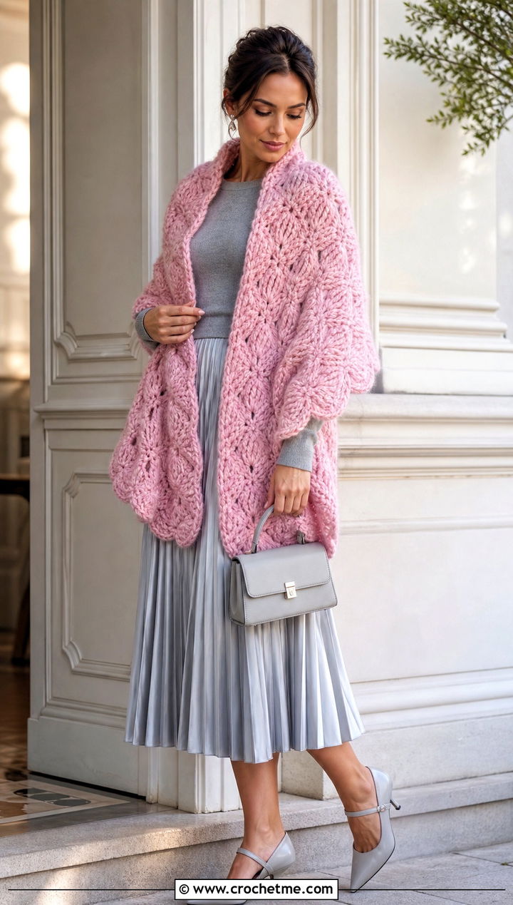 Shell Stitch Chunky Shawl With Pleated Midi Skirt - 25 Crochet Chunky Shawl outfit ideas