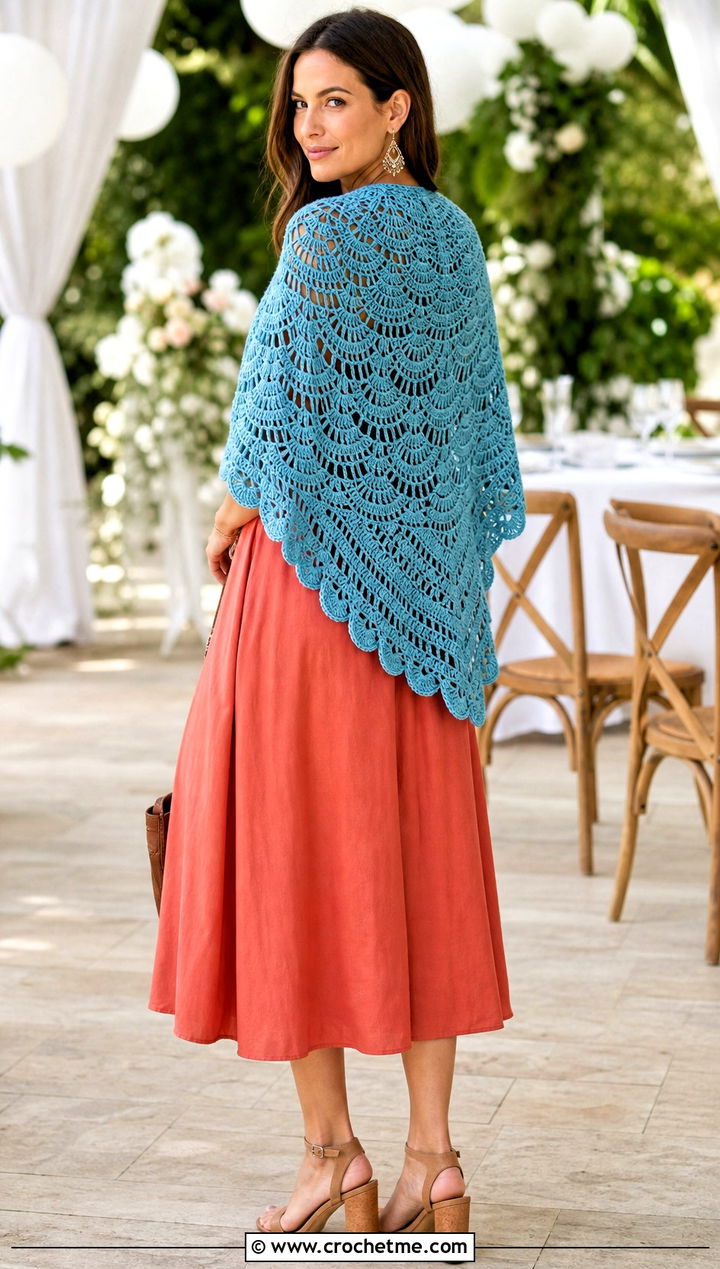 Shell Stitch Circular Shawl With a Midi Dress - 30 crochet circular shawl outfit ideas