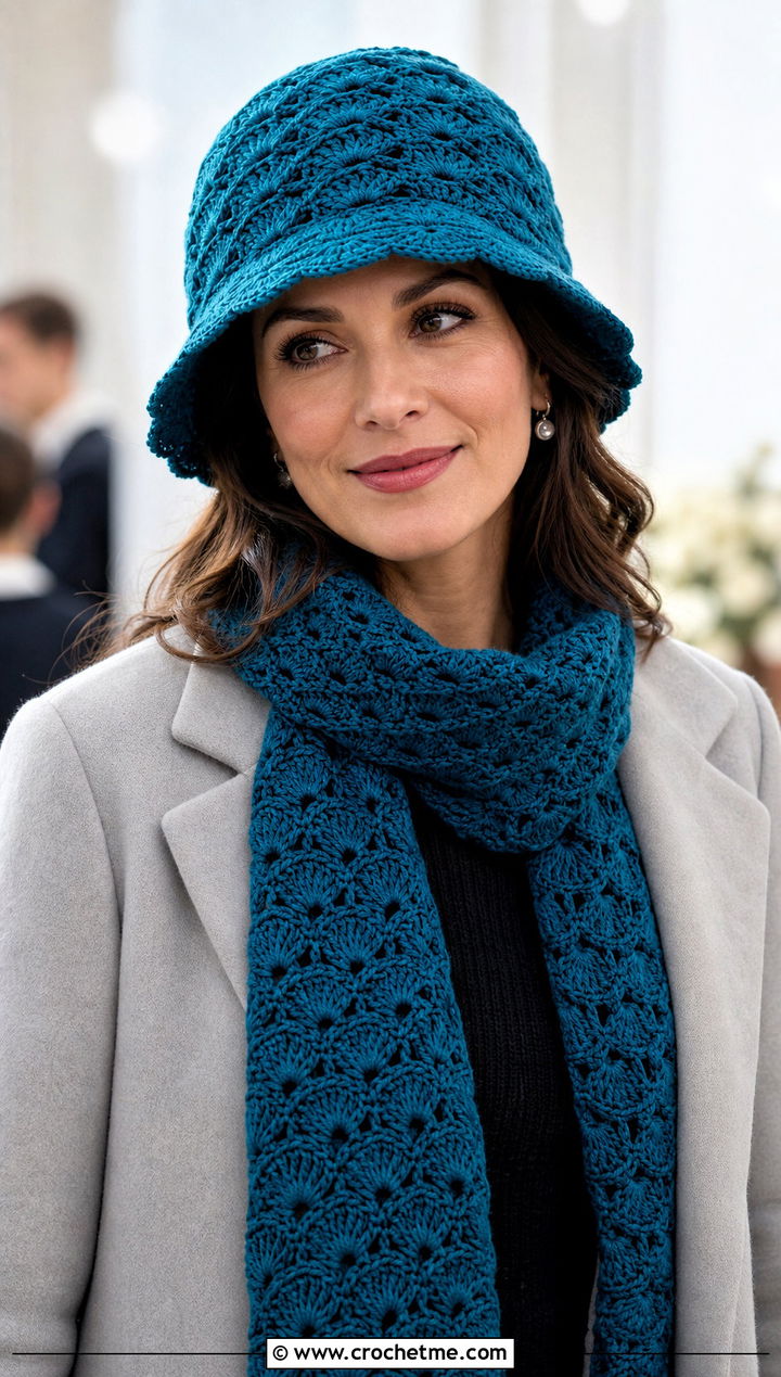 Shell Stitch Cloche And Shell Stitch Scarf With Formal Coat - 30 crochet hat and scarf outfit ideas