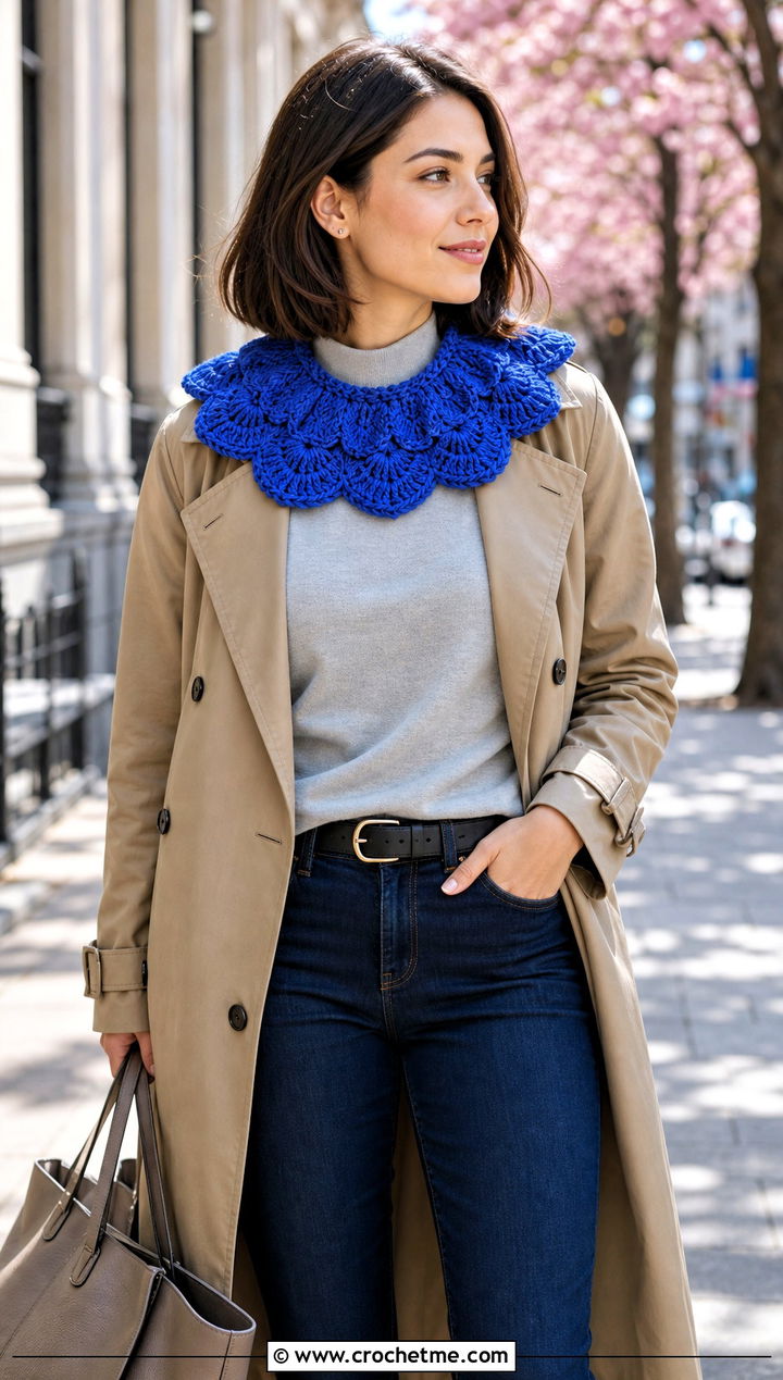 Shell Stitch Clown Crochet Ruffle Collar With Trench Coat - 25 Clown Crochet Ruffle Collar outfit ideas
