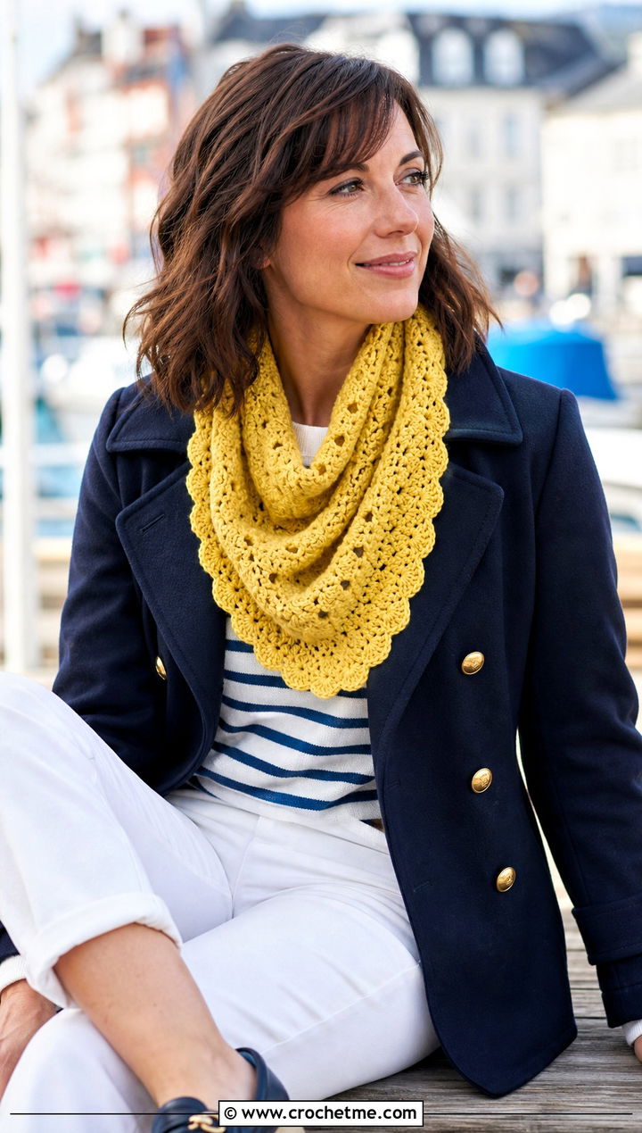 Shell Stitch Cowl Neck Crochet Scarf With Peacoat - 25 Cowl Neck Crochet Scarf outfit ideas