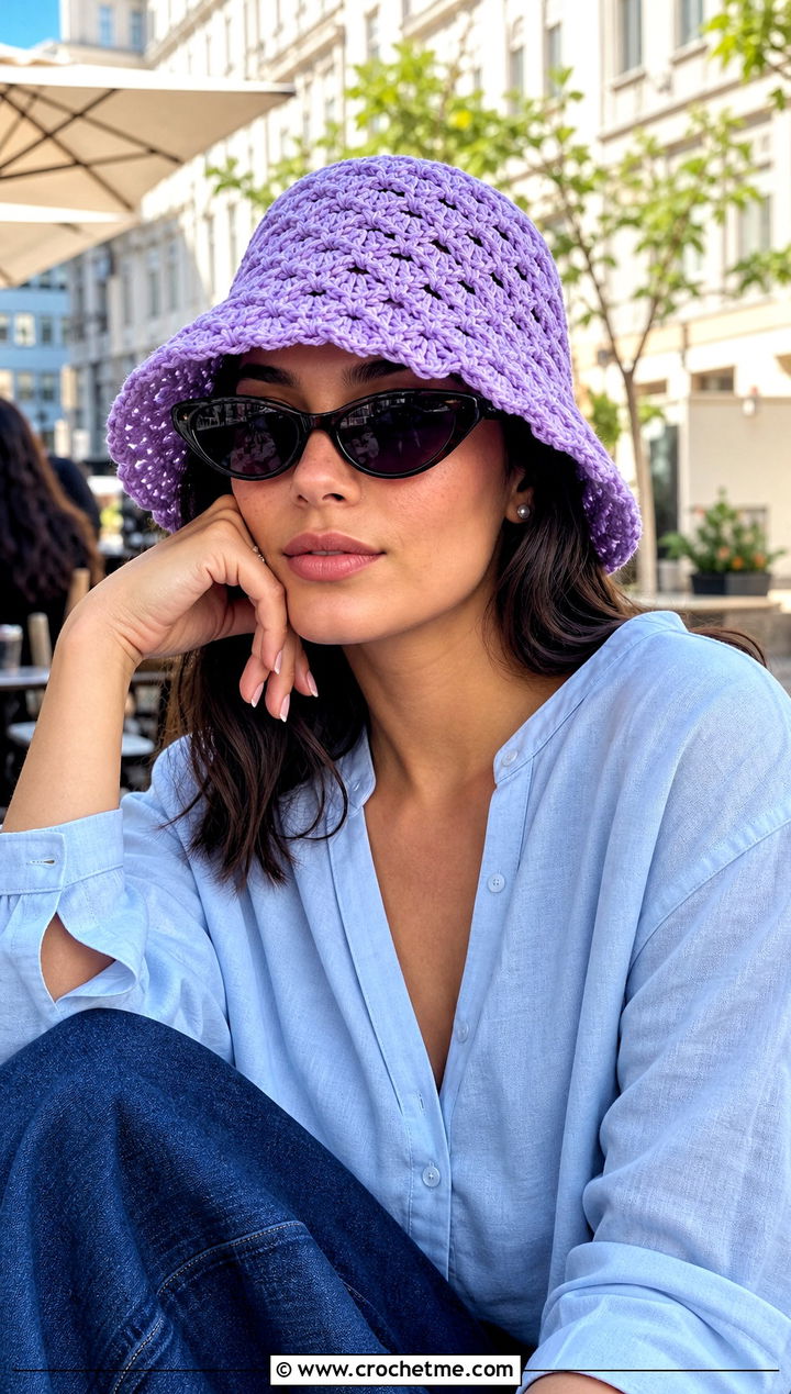Shell Stitch Crochet Adult Bucket Hat With Blouse And Wide Leg Jeans - 25 crochet adult bucket hat outfit ideas