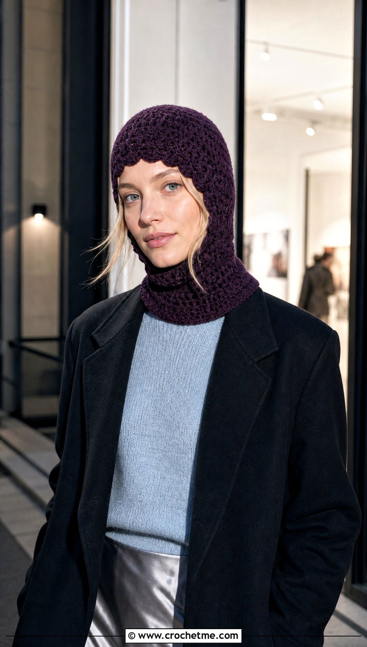 Shell Stitch Crochet Balaclava Beanie With Satin Skirt - 25 crochet balaclava beanie outfit ideas