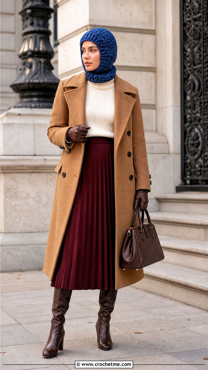 Shell Stitch Crochet Balaclava With Peacoat And Pleated Skirt - 35 crochet balaclava outfit ideas
