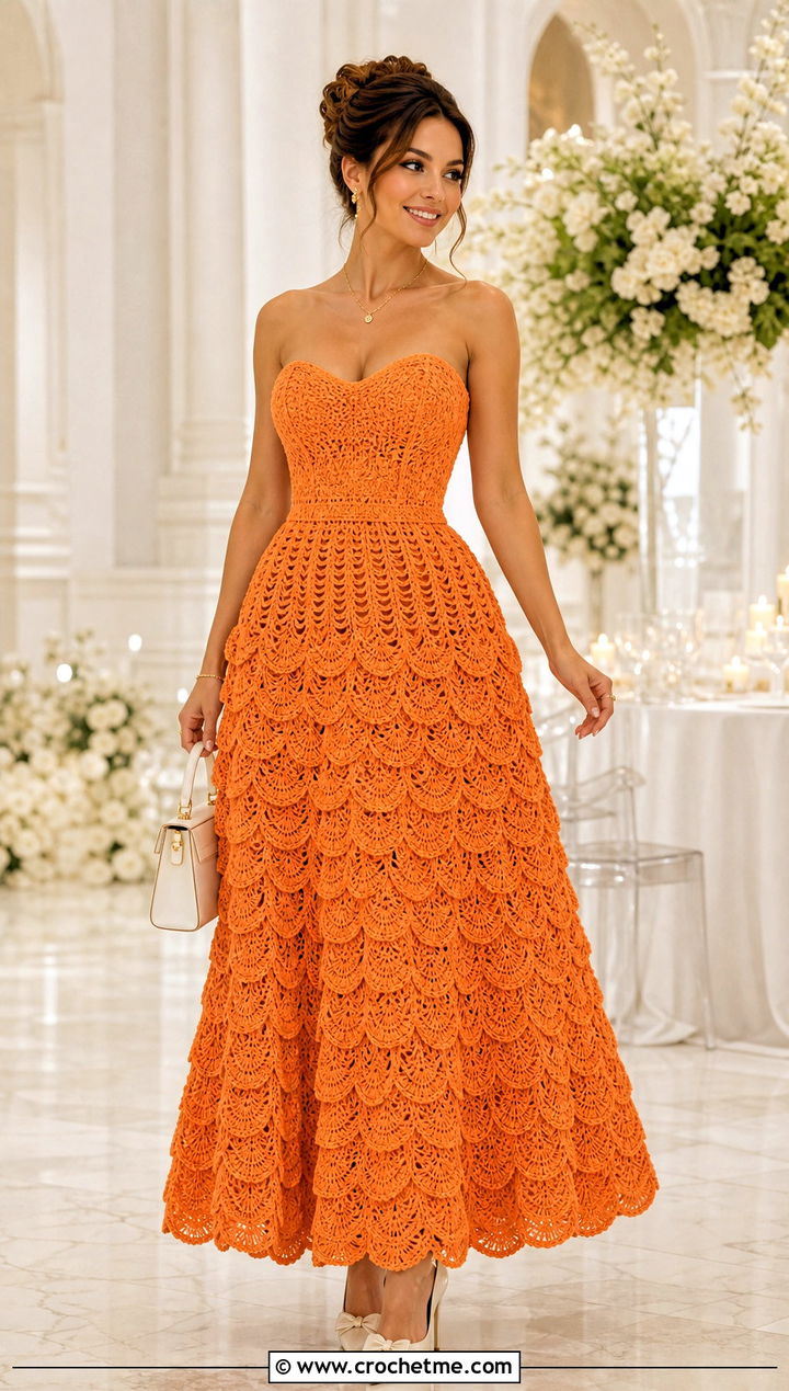Shell Stitch Crochet Ball Gown With Bow Pumps - 30 crochet ball gown dress outfit ideas