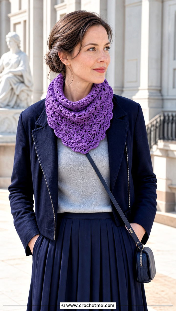 Shell Stitch Crochet Bandana Cowl With Pleated Skirt - 30 crochet bandana cowl outfit ideas