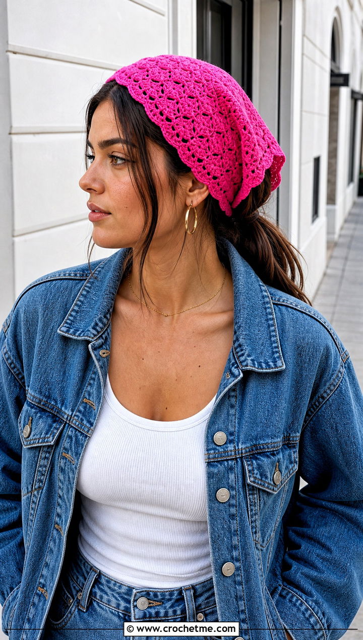 Shell Stitch Crochet Bandana With Denim Jacket - 25 crochet bandana hair scarf outfit ideas