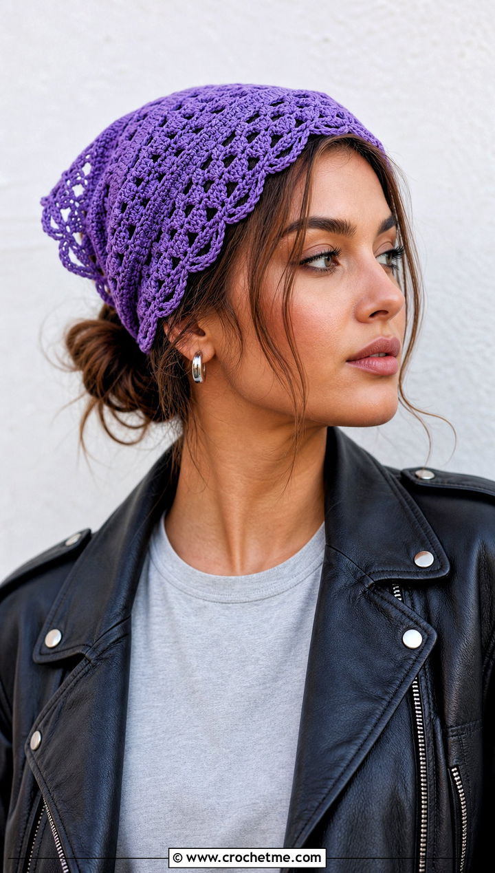Shell Stitch Crochet Bandana With Leather Jacket - 15 crochet head wraps outfit ideas