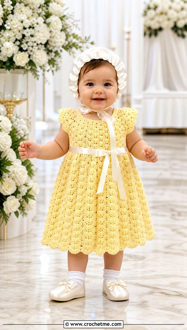 Shell Stitch Crochet Baptism Dress With Satin Bonnet - 15 crochet baptism dress outfit ideas