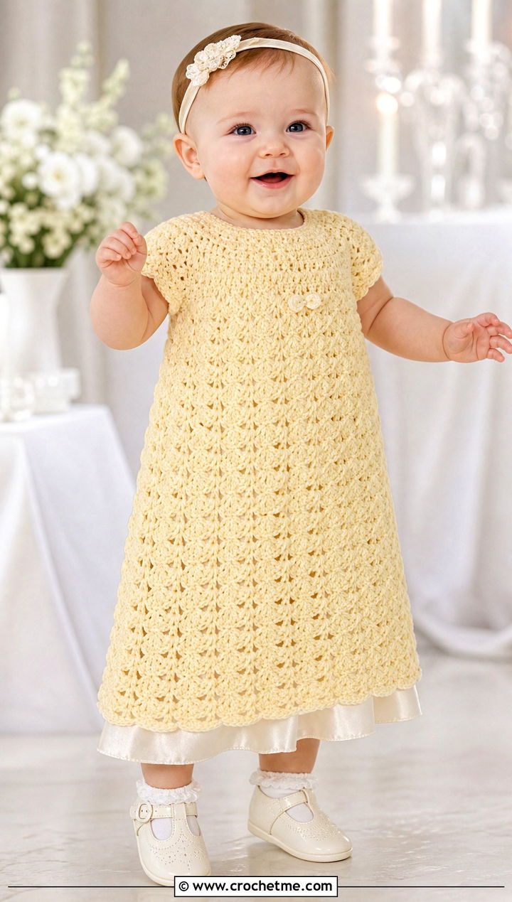 Shell Stitch Crochet Baptism Gown With Satin Slip - 15 Crochet Baptism Gown outfit ideas