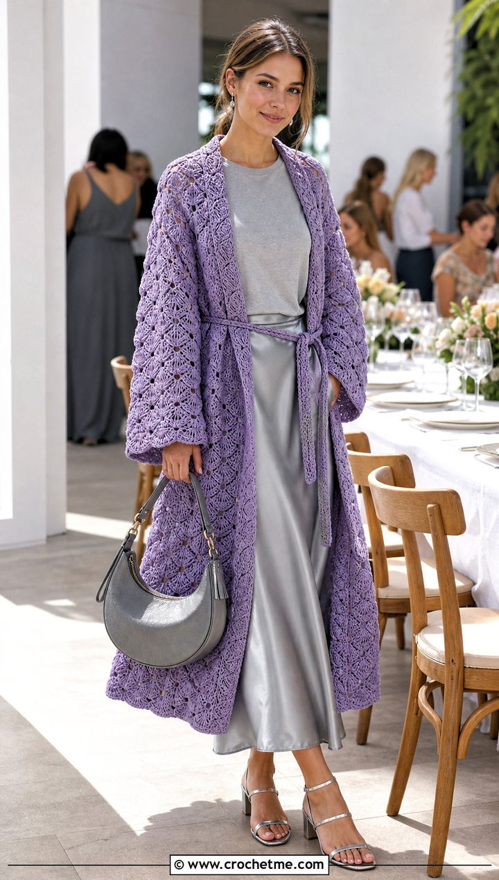 Shell Stitch Crochet Bathrobe With Slip Skirt - 30 crochet bathrobe outfit ideas