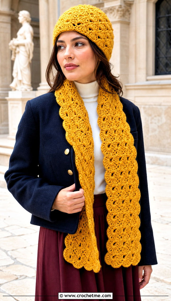 Shell Stitch Crochet Beanie And Scarf Set With Midi Skirt - 30 crochet beanie and scarf set outfit ideas