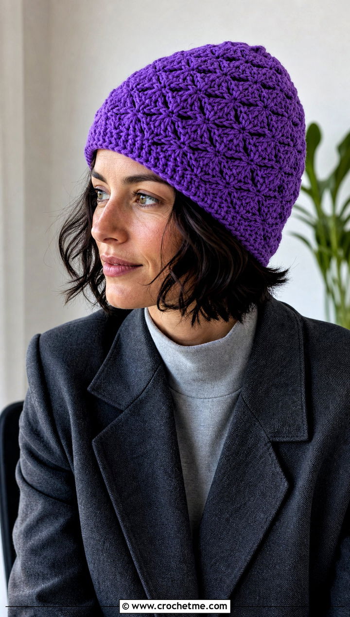 Shell Stitch Crochet Beanie With Blazer And Trousers - 15 Easy Crochet Beanies For Beginners outfit ideas