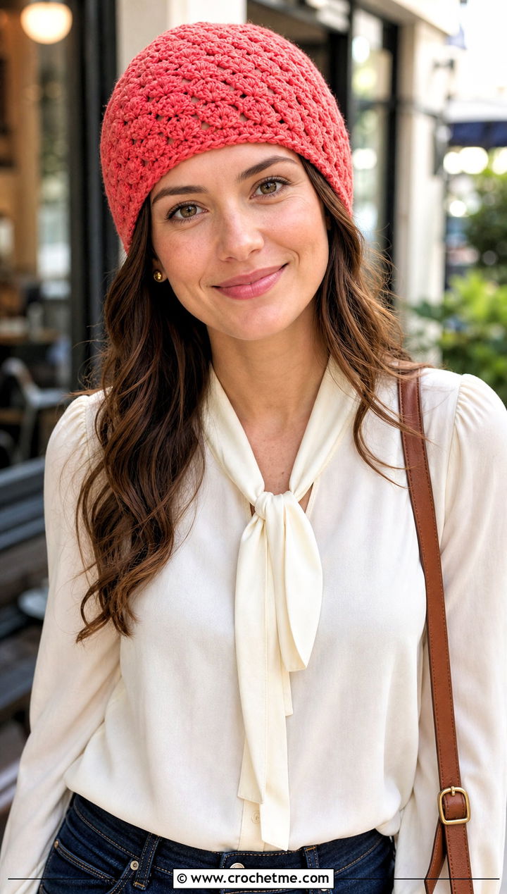 Shell Stitch Crochet Beanie With Blouse And Jeans - 30 Quick Crochet Beanie outfit ideas