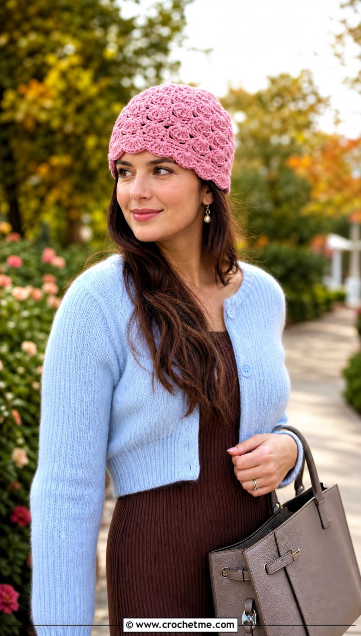 Shell Stitch Crochet Beanie With Cardigan And Midi Dress - 25 easy crochet beanies outfit ideas