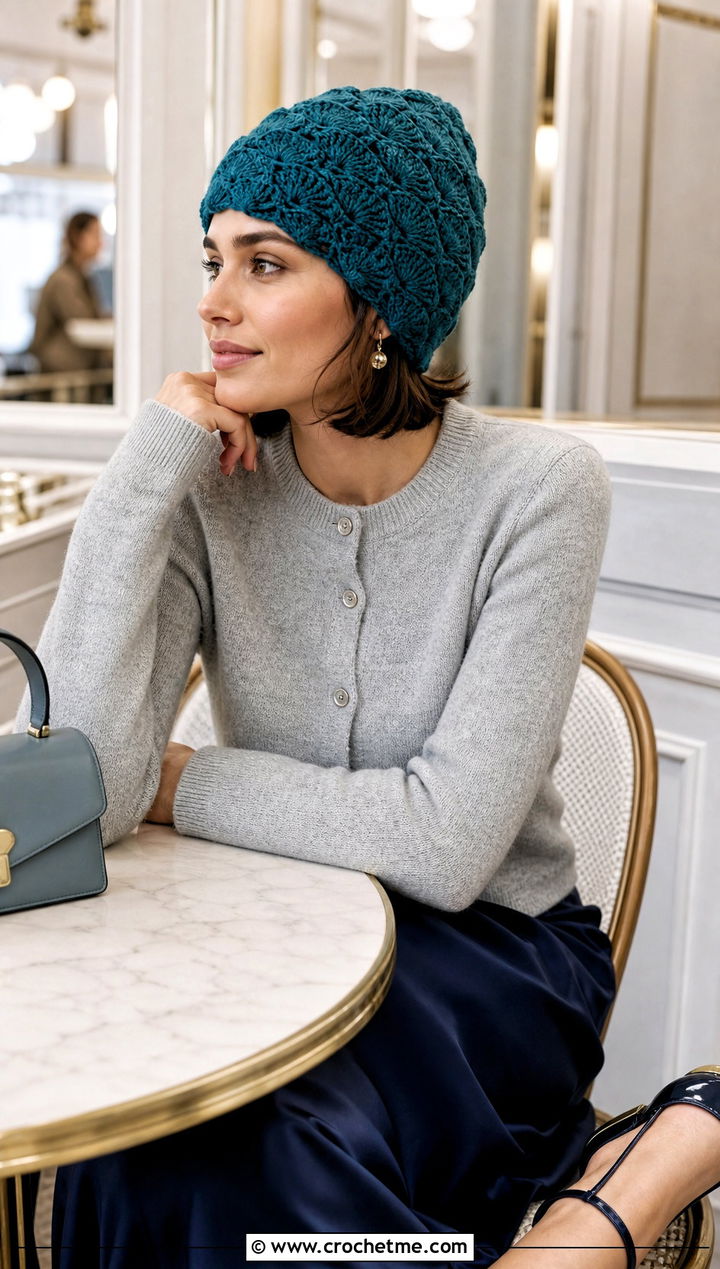 Shell Stitch Crochet Beanie With Cardigan And Satin Skirt - 15 cool crochet beanie outfit ideas