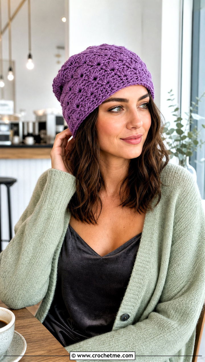 Shell Stitch Crochet Beanie With Cardigan And Slip Dress - 25 Fast Crochet Beanie outfit ideas