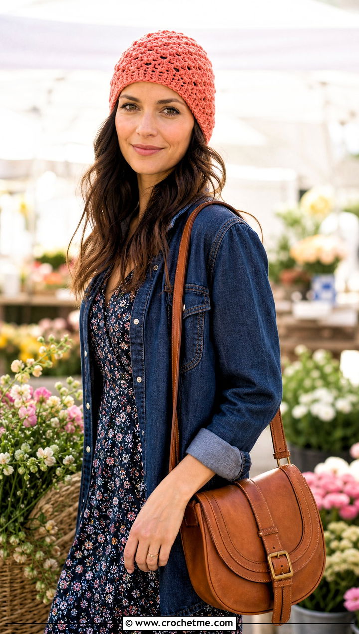 Shell Stitch Crochet Beanie With Floral Dress - 25 Women Crochet Beanie outfit ideas