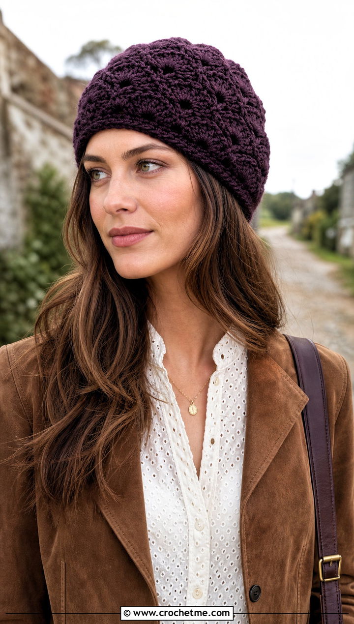 Shell Stitch Crochet Beanie With Lace Blouse And Jeans - 25 country cottage crochet beanie outfit ideas