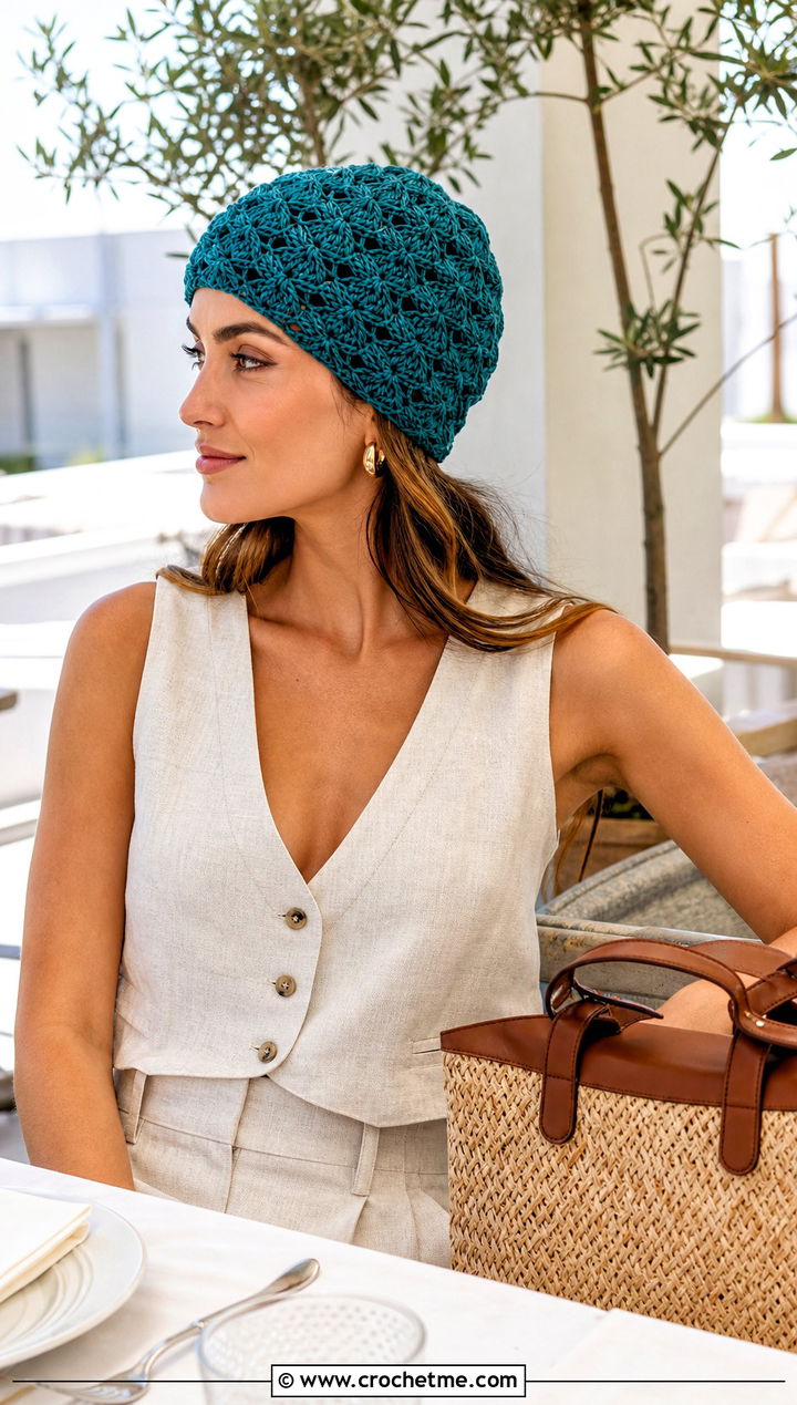 Shell Stitch Crochet Beanie With Linen Vest And Trousers - 15 Crochet Lightweight Beanie outfit ideas