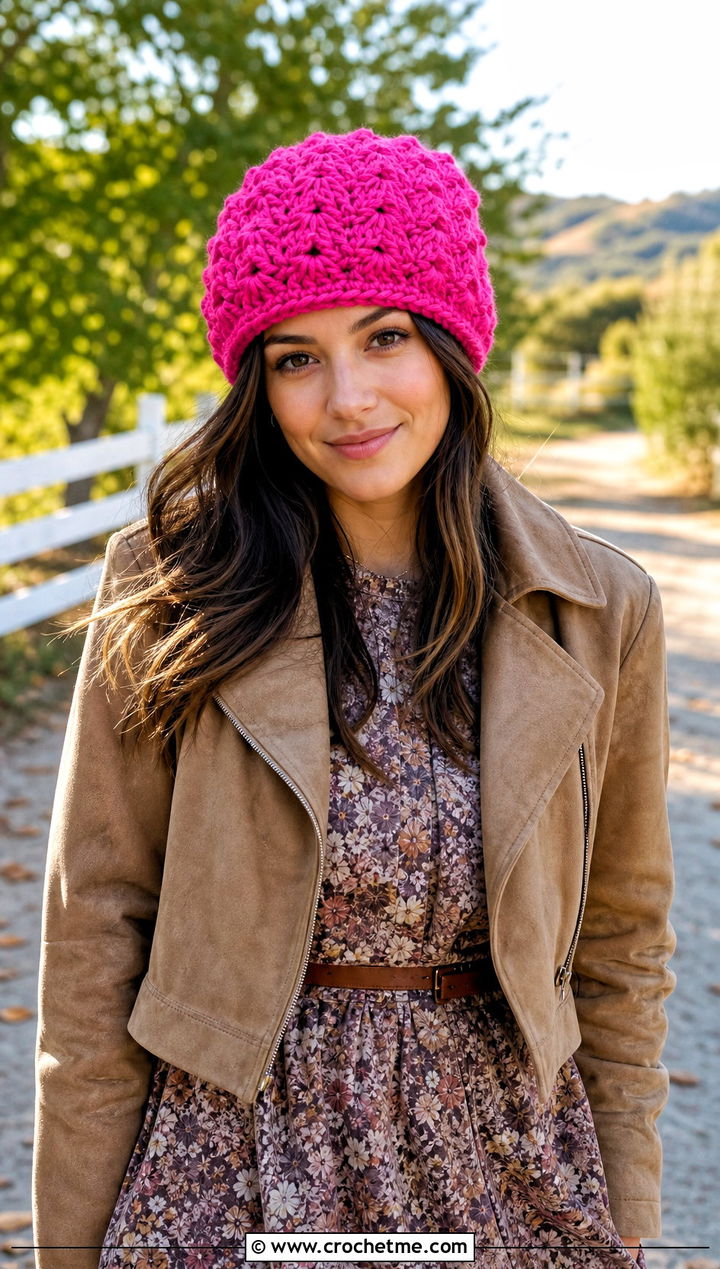 Shell Stitch Crochet Beanie With Maxi Dress And Boots - 15 Crochet Textured Beanie outfit ideas