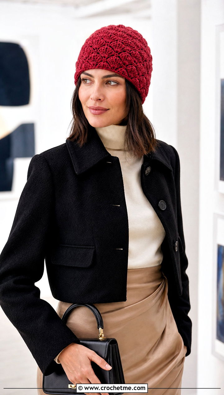Shell Stitch Crochet Beanie With Midi Skirt - 30 winter crochet beanie outfit ideas